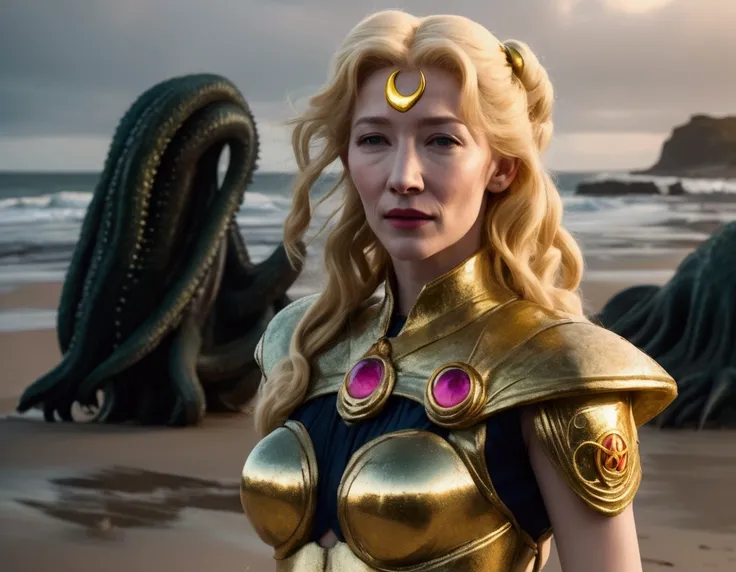 A hyper realistic Sailor Moon (portrayed by cate Blanchett, age 25, golden hair let down waist length, magical transformation to scout outfit) is on a moonlit beach, (demonic tentacle beasts erupt from the sand and sea near her, huge tentacles, slimy tenta...