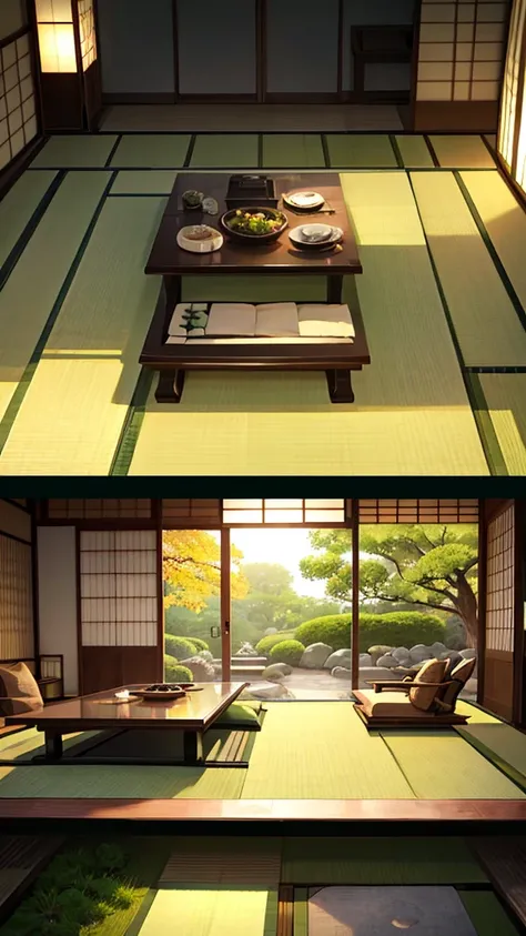 japanese-style room、dark green kimono、beautiful japanese garden