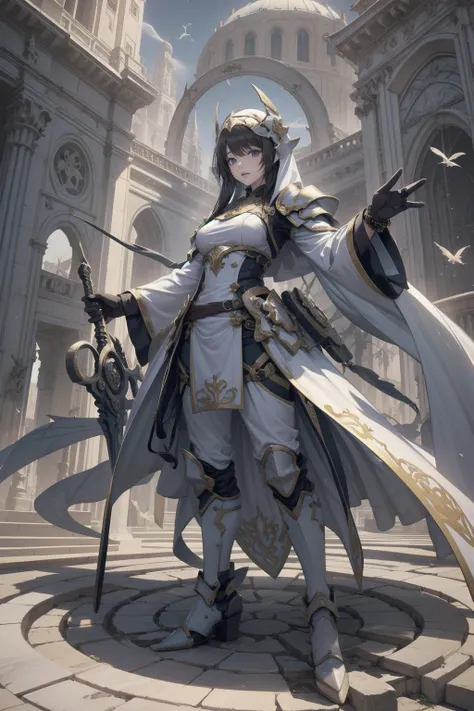 with unparalleled beauty、full body shot of the fearless paladin, long feature, dark hair and striking blue eyes. she wears intri...