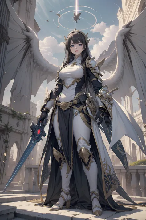 with unparalleled beauty、full body shot of the fearless paladin, long feature, dark hair and striking blue eyes. she wears intri...