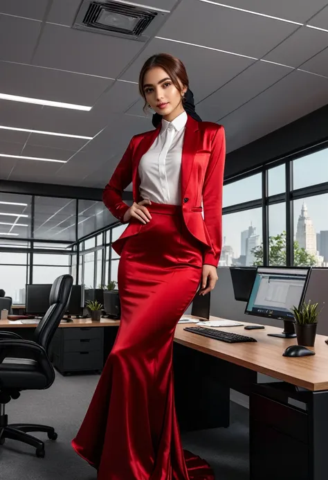 nsfw,(8k, best quality, masterpiece, ultra highres:1.2), 1 girl , beautiful 22 year old woman,(secretary, shirt,skirt:1.3), a woman in the mermaid long train skirt,wear blazer, wear modern hijab, full body, satin blousr, red satin mermaid tight long dress,...