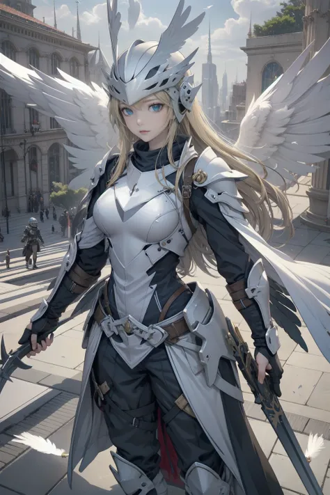 (masterpiece, highest quality) valkyrieプロフィールレネス, one girl, long hair, blue eyes, blonde, holding, arms, wing, focus only, sword...