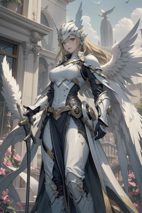 (masterpiece, highest quality) valkyrieプロフィールレネス, one girl, long hair, blue eyes, blonde, holding, arms, wing, focus only, sword...