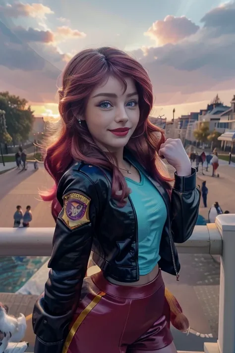 (Masterpiece, The best quality:1.2), only, 1girl , beautiful teenage girl europea , Caucasian , mlpshimmer, Nice smile , make-up , Red lips , looking at the viewer, small black jacket , sunset shimmer , mlp , 18 years , beautiful teenage girl , teen model ...