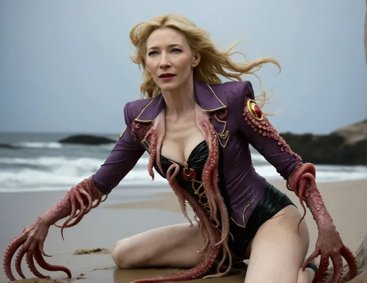 (A hyper realistic Sailor Moon (portrayed by cate Blanchett, age 25, golden hair let down waist length, torn clothing) is on a moonlit beach, struggling, tentacle sex, anal sex,  tentacles restrain her arms and legs, tentacles tear at her clothes (demonic ...