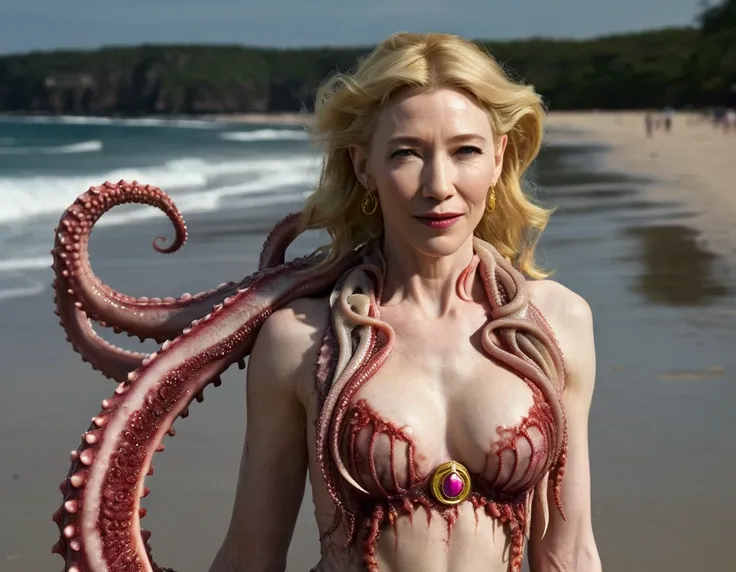 (A hyper realistic Sailor Moon (portrayed by cate Blanchett, age 25, golden hair let down waist length, torn clothing) is on a moonlit beach, struggling, tentacle sex, anal sex,  tentacles restrain her arms and legs, tentacles tear at her clothes (demonic ...