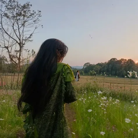 there is a woman standing in a field of flowers with a kite, during sunset, amidst nature, assamese aesthetic, during a sunset, during dawn, in a open green field, panoramic view of girl, during sunrise, during golden hour, in front of a forest background,...