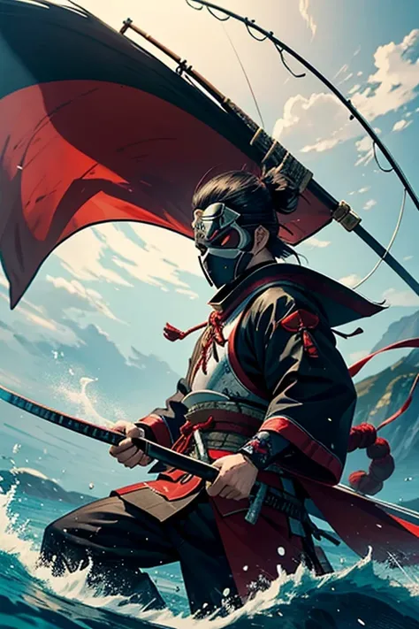 Japanese samurai warrior wearing a mask while fishing