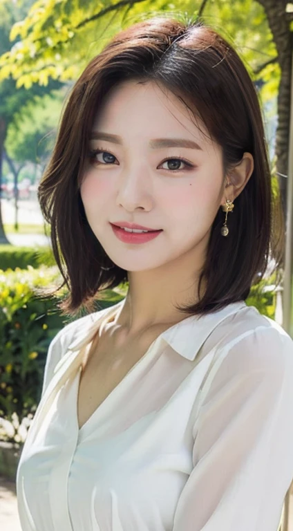 A cool and stylish white blouse,The location is a park,A cheerful and kind smile,
