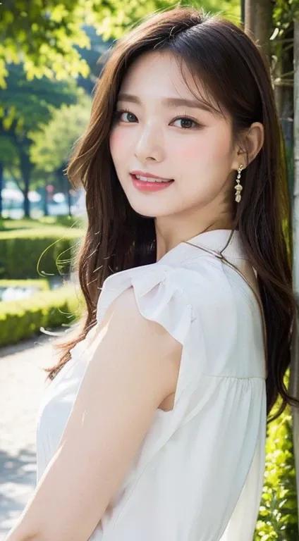 A cool and stylish white blouse,The location is a park,A cheerful and kind smile,
