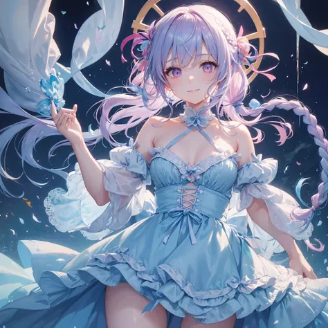 (Light blue medium hair),(Braided hair tied together)、Pink eyes、Fair skin、cowboy shot、Halloween、The background is a pumpkin ghost、Trick or Treat、A lot of sweets、Lollipop、Cosplay、A surprising smile、A dignified figure、solo、(masterpiece、Highest quality、Very d...