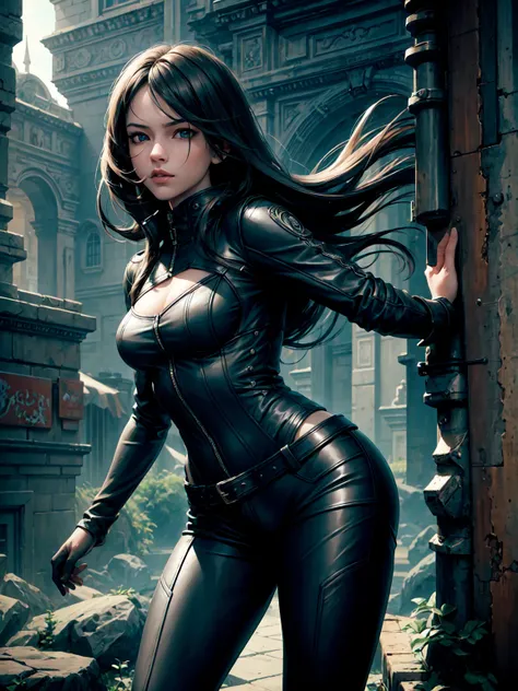 a beautiful assassin girl doing eagle dive,1girl,intricate detailed face and eyes,long dark hair flowing,assassin outfit,leather jacket,tight black pants,black boots,detailed facial features,highly detailed skin,photorealistic,cinematic lighting,dramatic a...