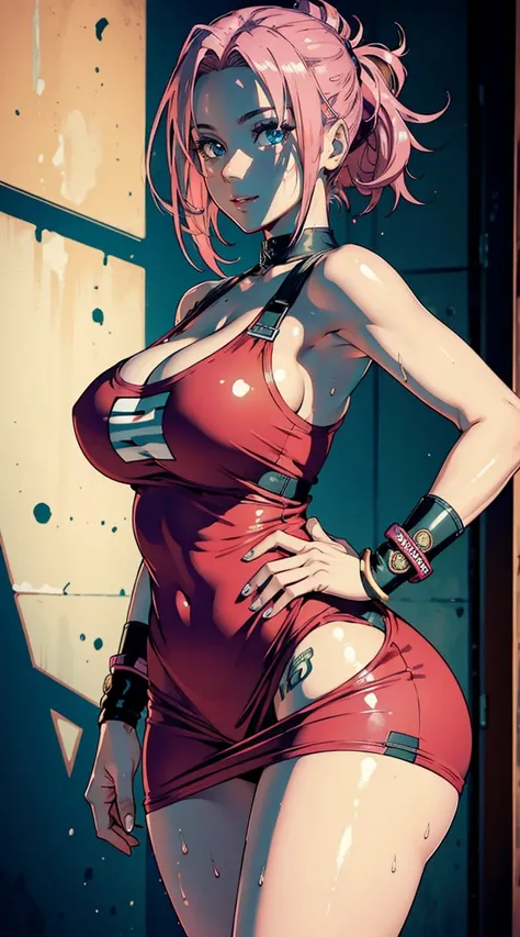 (masterpiece, Best Quality, ultra detailed, 8K Wallpaper), 1 girl, curvy but slender body, big breasts, tan, moist skin, sweaty skin, short wavy pink hair, punk t-shirt, punk girl. green eyes, red dress. Sakura Haruno. 