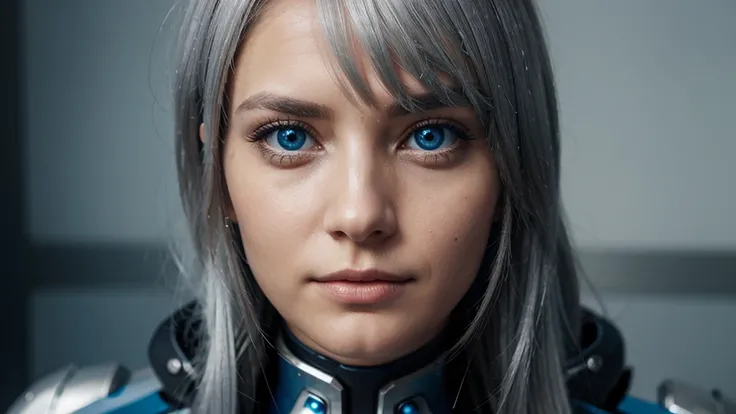 woman looking at camera hair silver, eyes blue futuristic realistic 