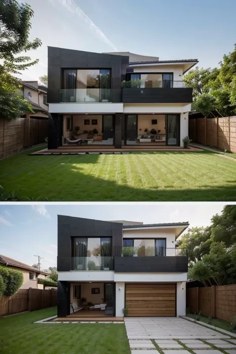 A two-story house with a front and back garden 