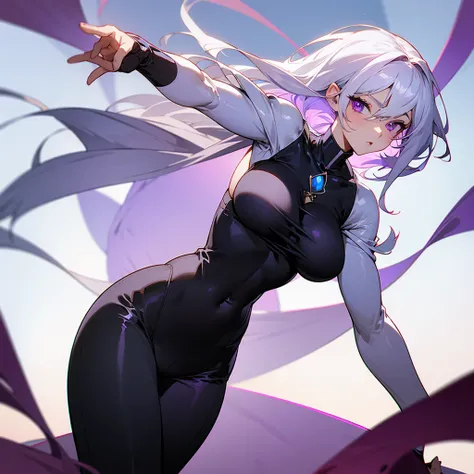 Anime woman white hair purple eyes big ass big tits in leggings and with a black top with focus on the back and her navel visible and she is very, very hot with an hourglass shape