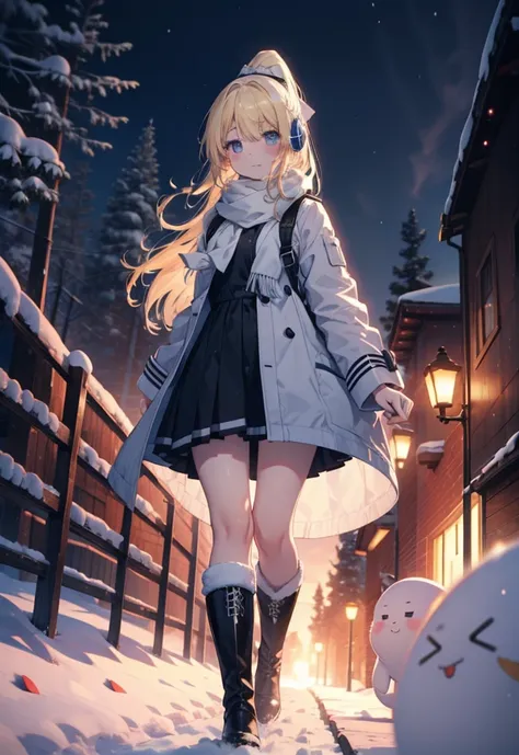 Eliase, catalyst, Yellow Hair, blue eyes, Hair Ribbon,ponytail,Earmuffs,smile,blush,Open your mouth,White Breath,White scarf,Light blue long coat,White long skirt,Black pantyhose,short boots,Walking,snowが降っている,snowが積もっている,snow,snow,snow,night,whole bodyがイラ...