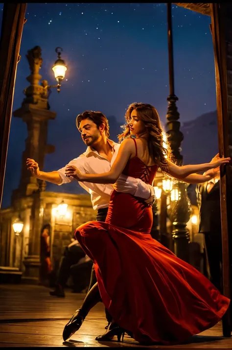 a masterpiece, stunning detail, an action shot, low angle, (top quality)), ((masterpiece)), a long hair girl, transparent long red dress, dance tango with a man, lamps, brown hair, shirt, black hair, 1boy, cleavage, jewelry, tango, hetero, multiple couples...