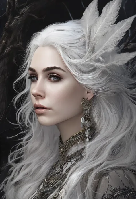 Woman, caucasiana, gray eyes, White hair, witch, profile image, detailed bone white clothing, pointy bones around, black forest background.