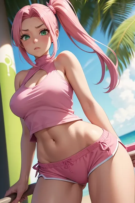 1 girl in public, ashamed, hits,  body, perfect slender body, 13 year old girl, pink hair in a side ponytail, sensual neckline, round breasts, micro shorts 1.4, ultra high definition, 4k image, green eyes, character close up camera, tight shorts, v panties...