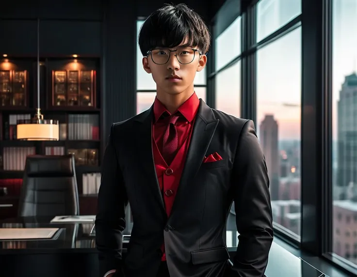 photorealistic, dark vibes, solo, 1 young male, looking at viewer, east asian, tanned skin, 27 years, model, bowl cut wavy black...