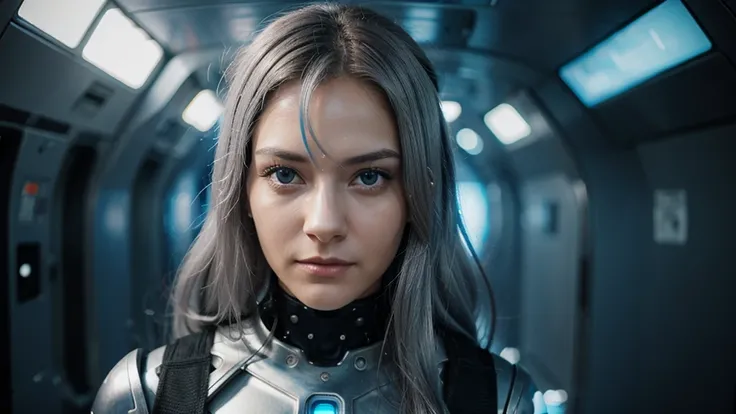 woman looking at camera hair silver, eyes blue futuristic realistic matrix