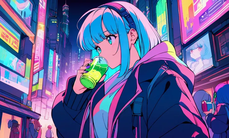 Pink and blue hair girl, soda, Inspired by 90s anime, Cyberpunk City, praise, colorful, listen to music, Pink Hair, Blue Hair、Drinking alcohol