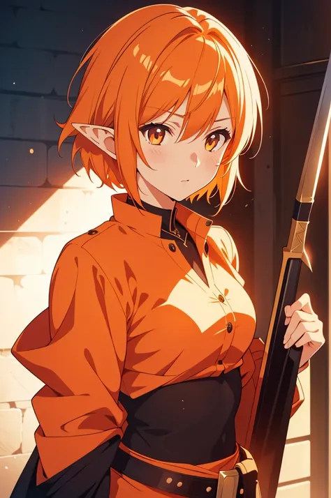 1 girl, orange hair, short hair, mafia clothes, elf ears. weapon in hand, best quality, portrait, masterpiece, anime style, good lighting, anime style.
