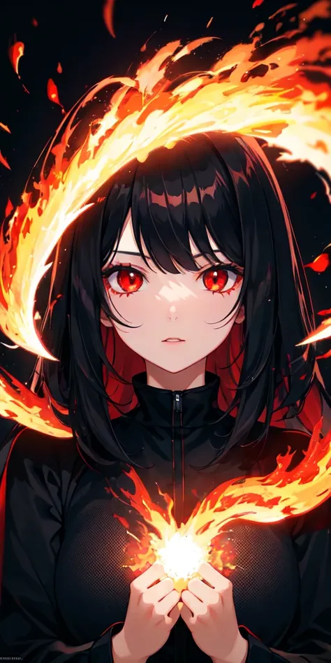 1girl, black hair, red eyes, fire witch, blood, light particles, light rays, wallpaper, high contrast, colorful,