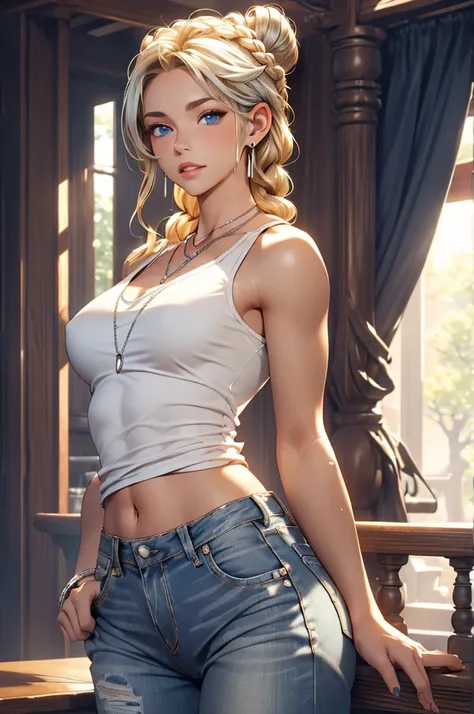 ((ultra quality)), ((tmasterpiece)), gnome girl, Short stature, ((blonde woman, hairlong, braided)), (silver ear rings), (silver necklace around the neck), (Beautiful cute face), (beautiful female lips), Charming, ((sexy facial expression)), is looking at ...