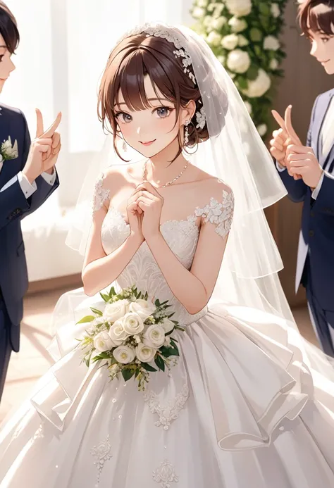 woman,bride,Beauty,white,earrings,Brown Hair,brideヘア,bride,smile,Wedding dress,Are standing,Extend your middle and index fingers、Hand shape with other fingers bent,20th Generation,reception,close-up head,Still life