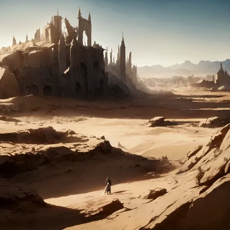 A fighter with armor raising his sword alone in the middle of nowhere with the city destroyed desert scene 