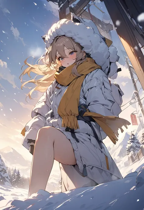 ((masterpiece,Highest quality)),1 person、Adult Women、Snowstorm、Snow Mountain、Winter gear、Dynamic composition、Ragged long-haired、Fluffy clothes、tall、Scarf