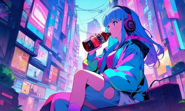 Pink and blue hair girl, soda, Inspired by 90s anime, Cyberpunk City, praise, colorful, listen to music, Pink Hair, Blue Hair、Drinking alcohol