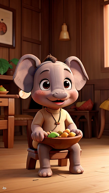 Animated baby elephant sitting on a wooden chair eating indian traditional food