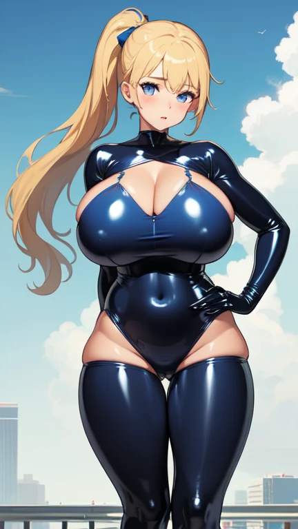 ((Highest quality)), ((masterpiece)), (detailed), 
((Very huge breasts))
((Very thick thighs))
((fleshy young woman))
(Tall)
(cleavage)
(Short Blonde side ponytail hair)
Blue eyes
Standing
(((Shoot from front)))
(((Blue latex suit)))
Japanese 
Tokyo city