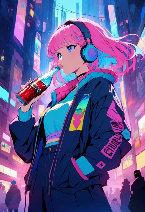 Pink and blue hair girl, soda, Inspired by 90s anime, Cyberpunk City, praise, colorful, listen to music, Pink Hair, Blue Hair、Drinking alcohol