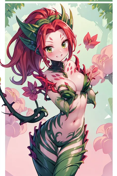 Zyra - Rise of the Thorns - League of Legends a high definition, 8k, detailed face, thin and thin, body of equal proportion in his chest)), four fingers and 1 thumb, ((2 hands of red hair, random body pose, UHD, medium breast, detailed eyes, cute, cute gri...