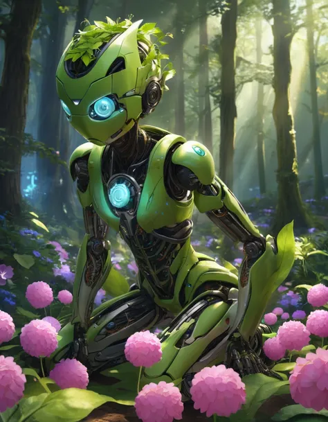 "Envision a robot crafted entirely from plant matter, embodying a harmonious fusion of technology and nature. The robots structure is composed of living vines, leaves, and wooden fibers, forming a humanoid shape. Its skin is a tapestry of rich green foliag...