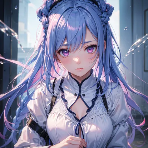 Sky Blue Medium Hair, (Braided Hair),(Pink Eyes),Fair skin ,(whole body),(1 girl)rain,梅rain笑顔、Straight bangs,(masterpiece, Highest quality, Very detailed, Best Shadow), (Detailed Background), (Beautifully detailed face), High Contrast, (Best lighting, Very...