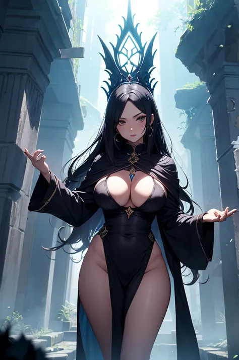 A Dark Mage, milfication, long hair, flowing hair, nakedly, perfect face, perfect body, Erza, Fauna, transparent robes, magical cloaks, milf, mature female, mom, earrings, bright red lips, very large breast, oppai, hentai, curvy but thin, beautiful thighs,...