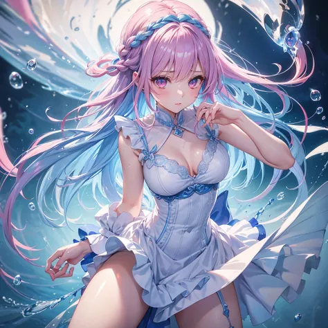 Sky Blue Medium Hair, (Braided Hair),(Pink Eyes),Fair skin ,(whole body),(1 girl)rain,梅rain、Water Dancer、Water Fairy、Straight bangs,(masterpiece, Highest quality, Very detailed, Best Shadow), (Detailed Background), (Beautifully detailed face), High Contras...