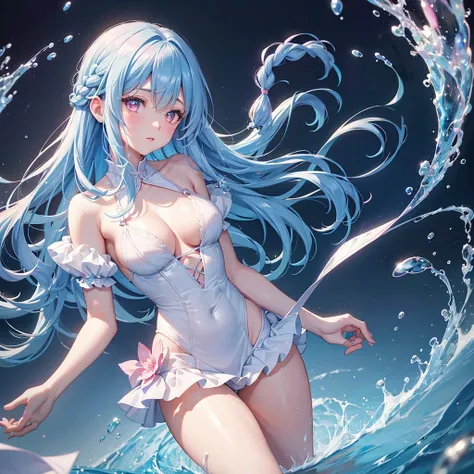 Sky Blue Medium Hair, (Braided Hair),(Pink Eyes),Fair skin ,(whole body),(1 girl)rain,梅rain、Water Dancer、Water Fairy、Straight bangs,(masterpiece, Highest quality, Very detailed, Best Shadow), (Detailed Background), (Beautifully detailed face), High Contras...