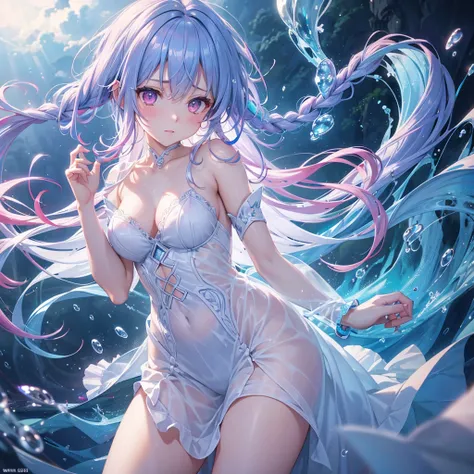 Sky Blue Medium Hair, (Braided Hair),(Pink Eyes),Fair skin ,(whole body),(1 girl)rain,梅rain、Water Dancer、Water Fairy、Straight bangs,(masterpiece, Highest quality, Very detailed, Best Shadow), (Detailed Background), (Beautifully detailed face), High Contras...