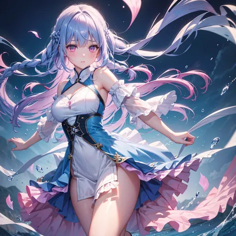 Sky Blue Medium Hair, (Braided Hair),(Pink Eyes),Fair skin ,(whole body),(1 girl)rain,梅rain、Water Dancer、Dancing、Straight bangs,(masterpiece, Highest quality, Very detailed, Best Shadow), (Detailed Background), (Beautifully detailed face), High Contrast, (...