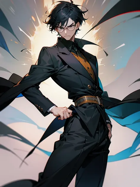 A man with short black hair, glasses, long-sleeved , long pants, angry.