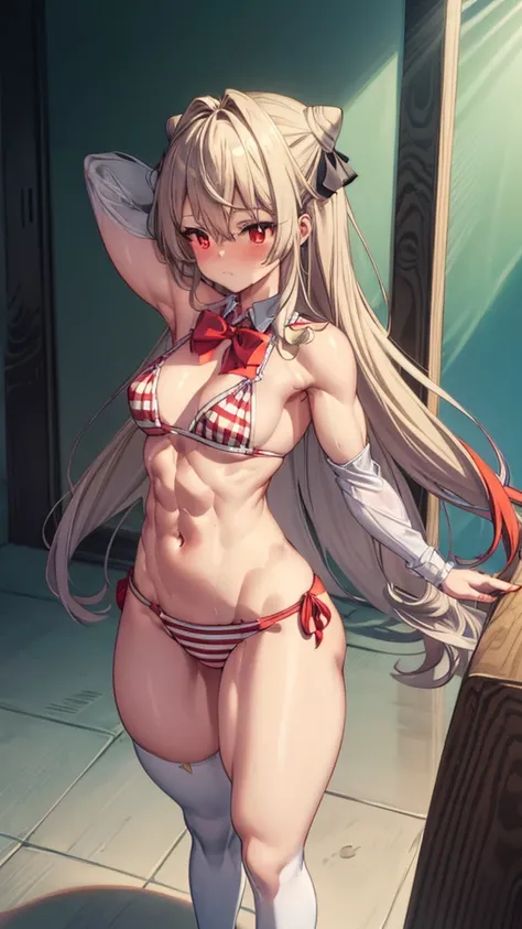 (((1 lolita girl))), when he plows, (Red eyes: 1.5), by rubio, (by rubio), by the wide, conical bun, hair ornament, hair shots, He drowned, Stripe, red bow tie, (tight short bikini, white thighs), has, (muscular belly), muscular abs, Wide hips, Thin waist,...