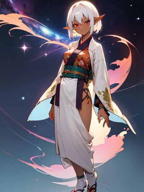 High quality anime illustration, cute girl, (dark skin),(dark elf),14 years old, red eyes, elf ears, white hair, short hair,medium breasts,floral pattern yukata,shy smile,(indian style),full body,Japanese style room,night sky, milky way