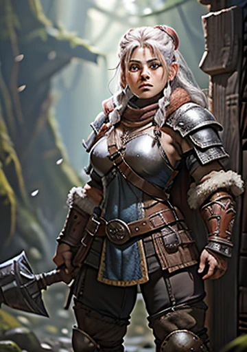 a painting of a powerful and muscular 19-year-old mountain dwarf,50 tall with 70 kilos in bearskin armor that only covers her breasts, she only wears pants that barely cover her powerful muscular thighs, she wears furry leather boots, holding a large and p...