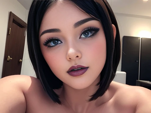 ((Best Quality)), ((masterpiece)), (detailed), perfect face,  blue eyes, cabello negro corto con flequillo estilo bob labios voluminosos nariz respingada belleza extraordinaria y muy detailed 